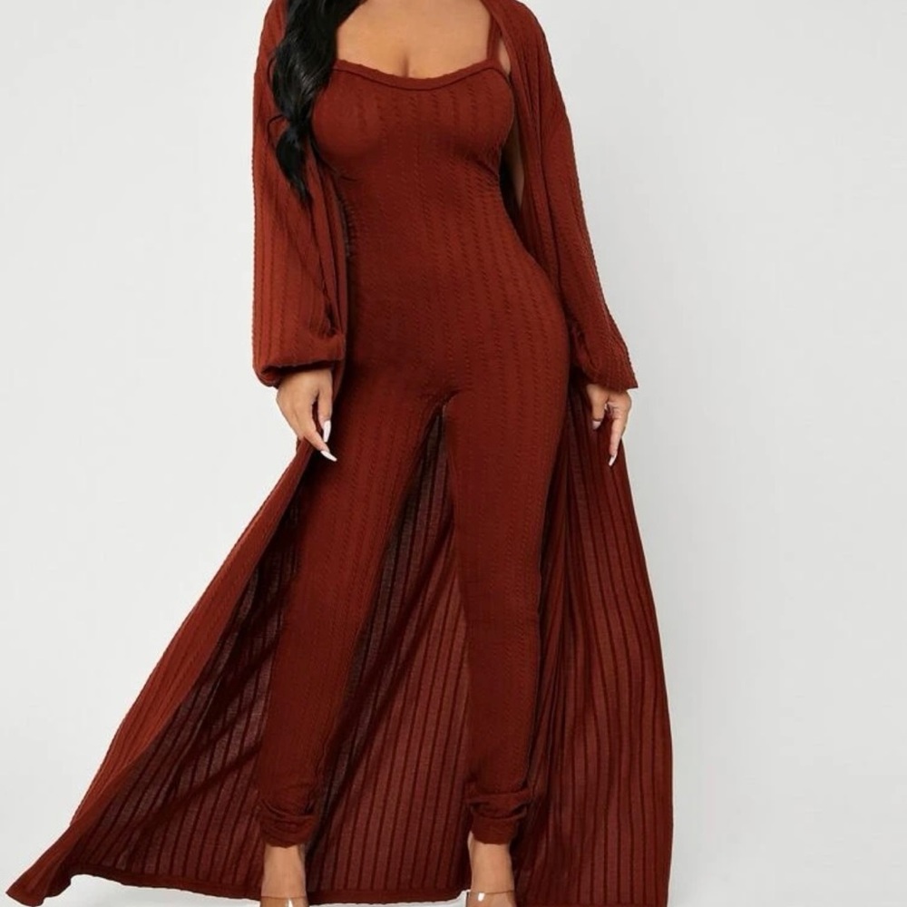 Cable Knit Cami Jumpsuit with Floor Length Cardigan